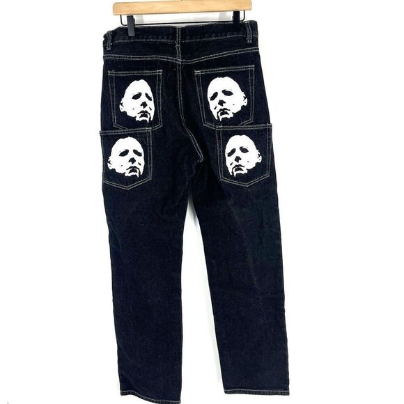 Michael Myers Halloween Jeans Size 32x30 Black Denim Y2k Horror Gothic Bat Baggy - Picture 1 of 7